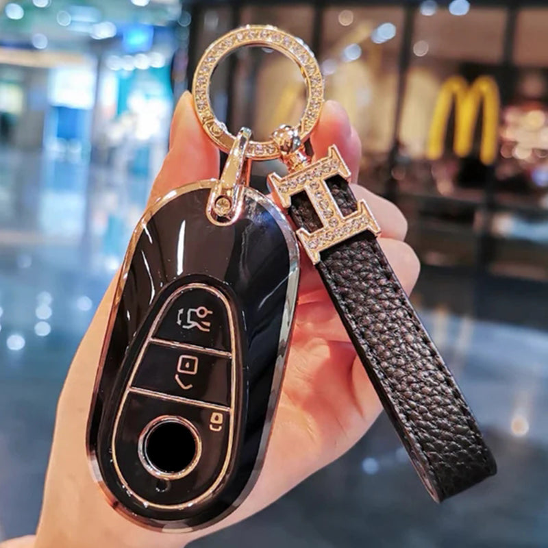 Alloy+Diamond + leather Car Key FOB Case Cover For Mercedes benz